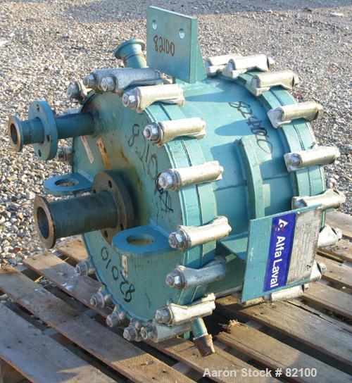 USED: Alfa Laval Spiral Heat Exchanger, 50 square feet, model 1-C, 304 stainless steel on product contact. Rated 75 psi at 400 deg F. Openings: hot side inlet/outlet 3"/2"; cold side inlet/outlet 2";...