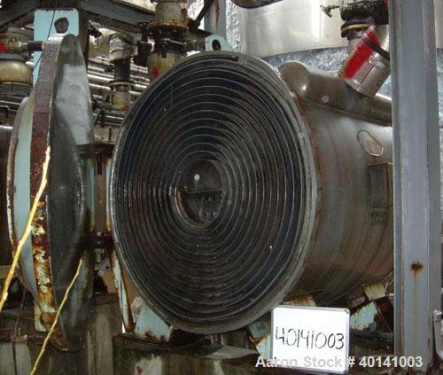 Used Alfa Laval Thermal Horizontal Spiral Heat Exchanger, model 1H. 860 square feet, 316L stainless steel product contact areas. Hot and cold side rated 150 psi at 200 deg F. Carbon steel removable h...