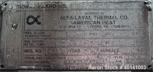 Used Alfa Laval Thermal Horizontal Spiral Heat Exchanger, model 1H. 860 square feet, 316L stainless steel product contact areas. Hot and cold side rated 150 psi at 200 deg F. Carbon steel removable h...