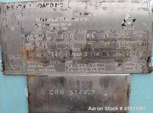 Used Alfa Laval Horizontal Spiral Heat Exchanger, Model 1-H, 930 Square Feet, 316L Stainless Steel Product Contact Areas. Hot and cold side rated 100 psi at 200 deg F and 20 deg F at 100 psi. Carbon ...
