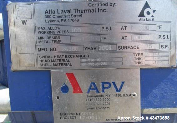 Used Alfa-Laval Spiral Heat Exchanger, 75 Square Feet, Type 1-H. Hastelloy C 276 product contact surfaces, rated 100 psi at +300 / -7 degrees F. Serial# 24380, built 2001.