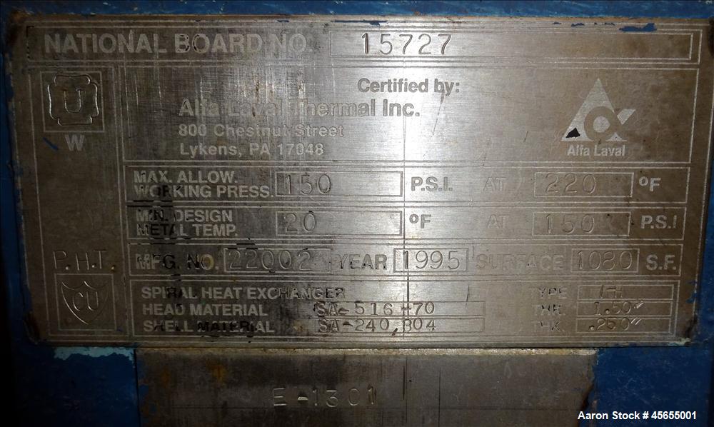 Used 1,080 Square Feet Alfa Laval Spiral Heat Exchanger.