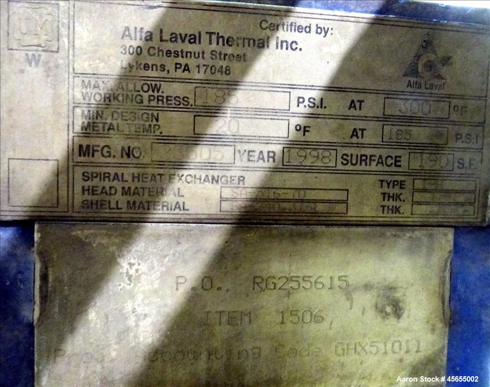 Used 190 Square Feet Alfa Laval Spiral Heat Exchanger
