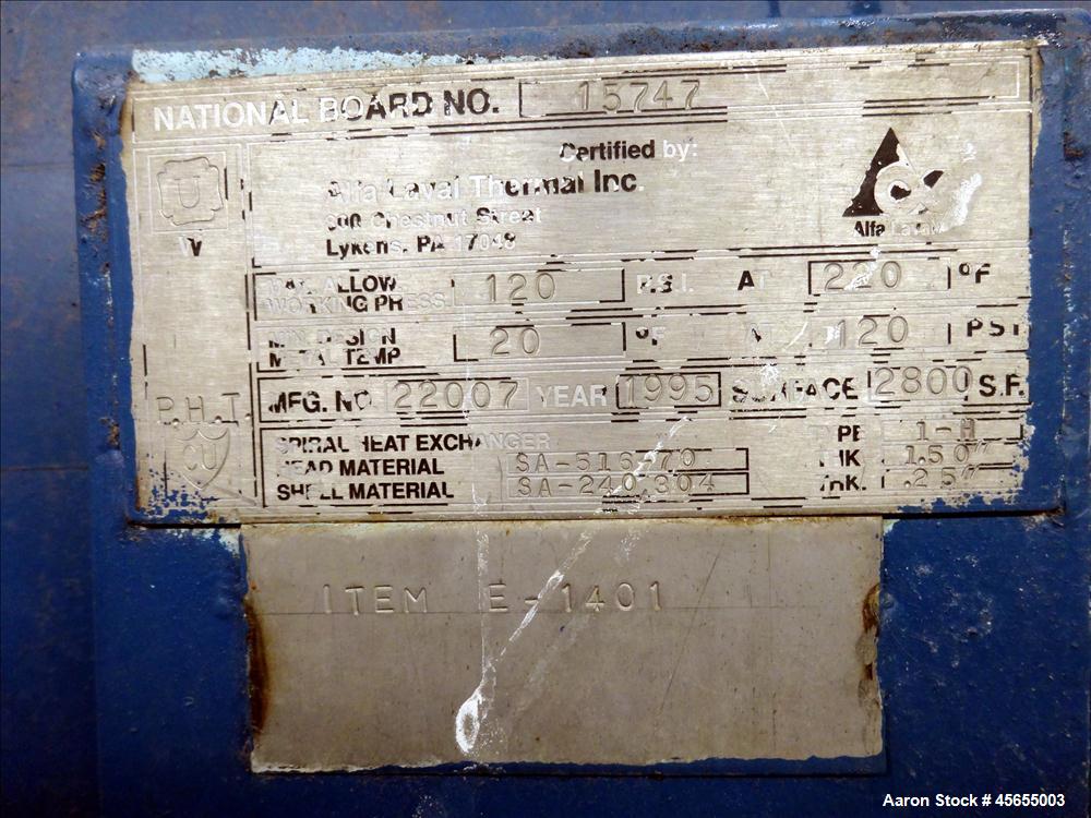 Used 2,800 Square Feet Alfa Laval Spiral Heat Exchanger
