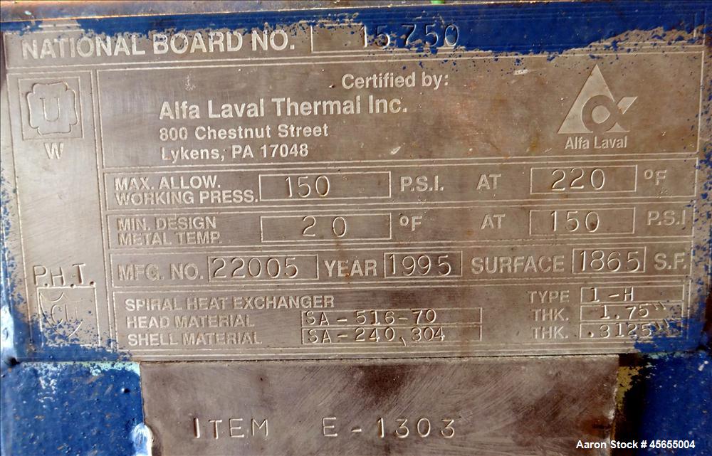 Used 1,865 Square Feet Alfa Laval Spiral Heat Exchanger