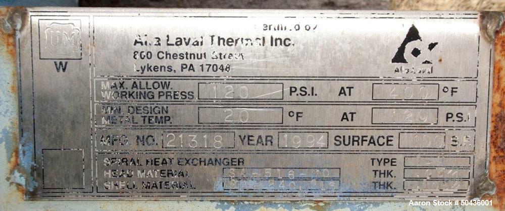 Used Alfa Laval Spiral Heat Exchanger, Type 1-H, 100 Square Feet Area.