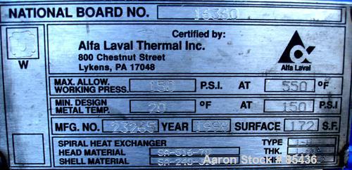 USED: Alfa Laval horizontal spiral heat exchanger, model 1-H, 172 square feet, 316 stainless steel product contact areas, carbon steel head. Rated 150 psi at 550 deg F, removable ends. Openings: hot ...