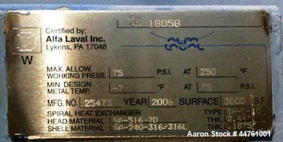 Used Alfa-Laval Horizontal Spiral Heat Exchanger, Type 1-H-L-1C