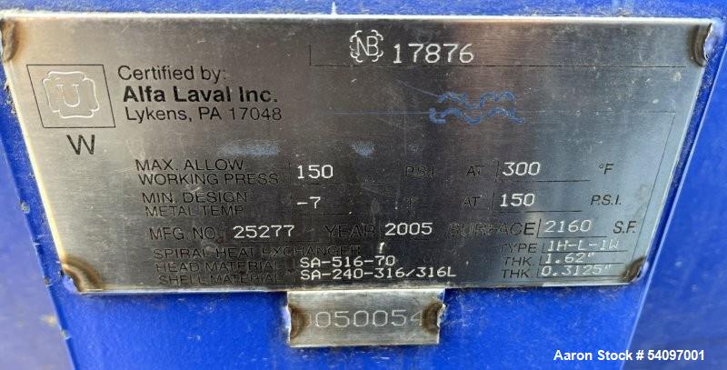 Used Alfa Laval 1H-L-1W Spiral Heat Exchanger – 2160 Sq Ft Surface