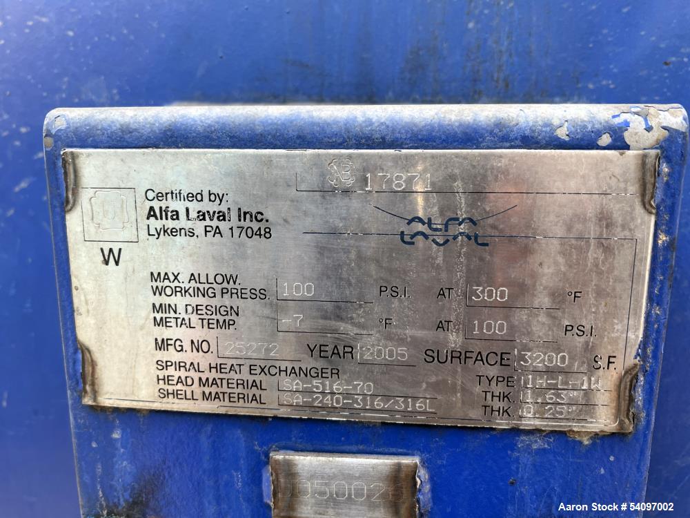 Alfa Laval Spiral Heat Exchanger for Sale – 100 PSI | 3200 Sq Ft