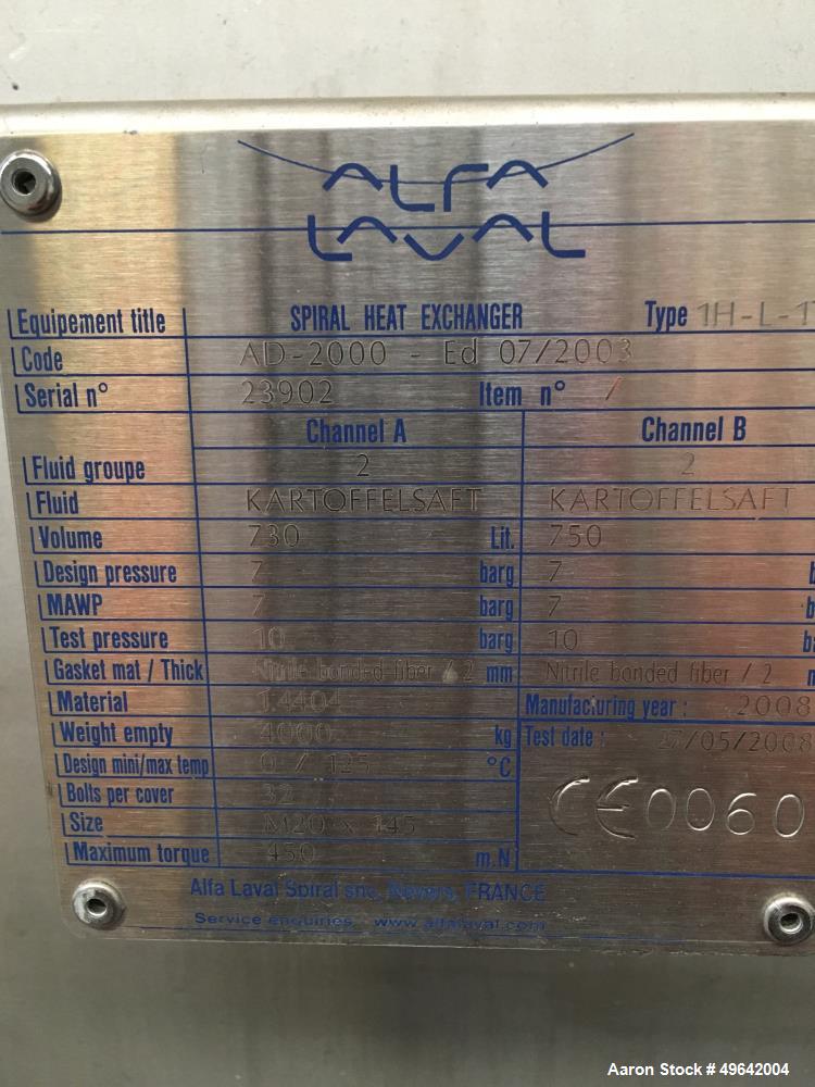 Used Alfa Laval Stainless Steel Spiral Heat Exchanger, Model 1H-L-1T. Material of construction is stainless steel 316L shell on product contact parts. Stainless steel body. 1170.03 square feet (108.7...