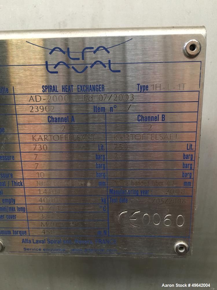 Used Alfa Laval Stainless Steel Spiral Heat Exchanger, Model 1H-L-1T. Material of construction is stainless steel 316L shell on product contact parts. Stainless steel body. 1170.03 square feet (108.7...