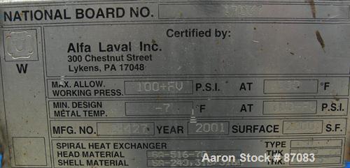 USED: Alfa Laval horizontal spiral heat exchanger, model 1H, 2200 square feet, 316/316L stainless steel product contact areas. Rated 100 psi/FV at 300 deg F. Hinged carbon steel removable heads. Open...