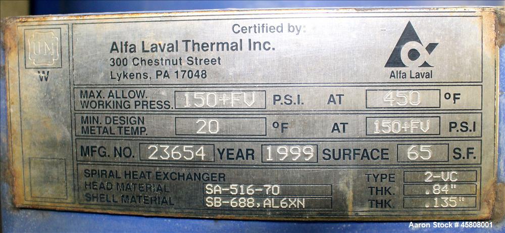 Used Alfa Laval Spiral Heat Exchanger, Type 2-VH