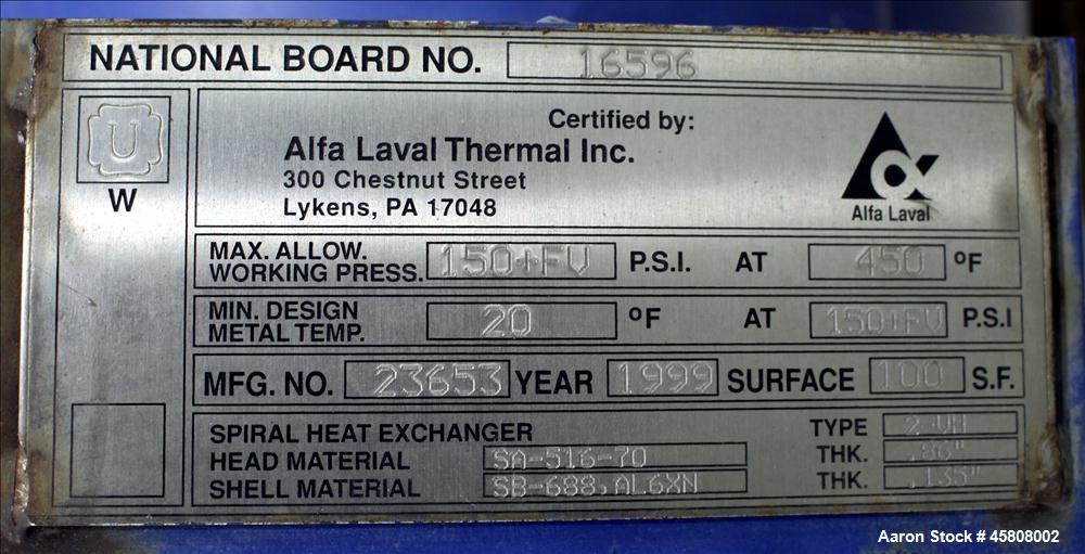 Used Alfa Laval Spiral Heat Exchanger, Type 2-VH