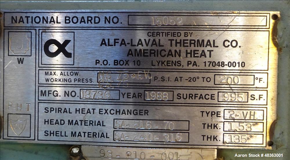 Used- Alfa Laval Thermal Horizontal Spiral Heat Exchanger