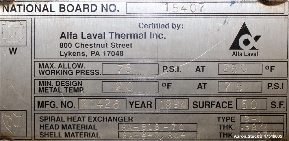 Used Alfa Laval Thermal Horizontal Spiral Heat Exchanger, Model 3-H, 50 Square