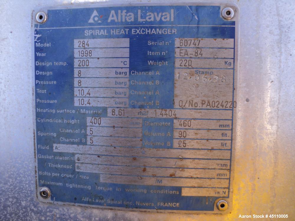 Used: Stainless Steel Alfa Laval Spiral Heat Exchanger, Model 284
