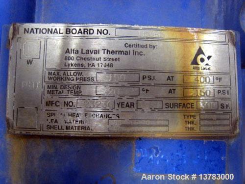 Used Alfa Laval spiral type 1-V heat exchanger, 300 square feet. Max allowable working pressure 150 psi at 400 deg F. Min Design metal temp: 20 deg F at 150 psi. Heat material: SA-516-70; thickness 1...