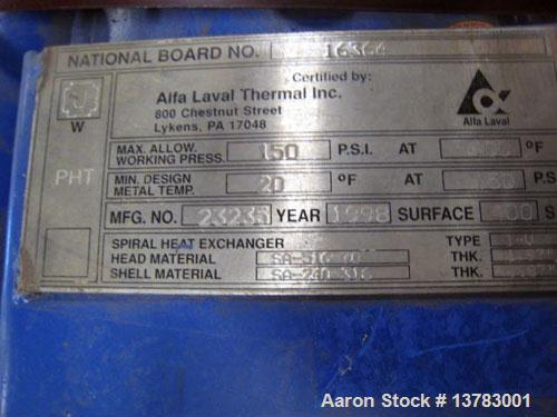 Used Alfa Laval spiral type 1-V heat exchanger, 400 square feet. Max allowable working pressure: 150 psi at 400 deg F. Min design metal temp: 20 deg F at 150 psi. Head material: SA-516-70; thickness ...