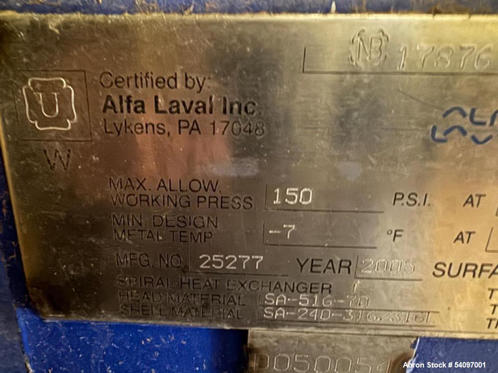Used Alfa Laval 1H-L-1W Spiral Heat Exchanger, 3200 Sq Ft Surface Area.  It is ASME certified with a "U" stamp and registered under National Board number 17876. The unit is designed for a maximum all...