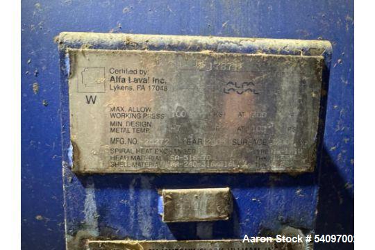 Used Alfa Laval 1H-L-1W Spiral Heat Exchanger, 3200 Sq Ft Surface Area,  ASME certified with a U" stamp, bearing National Board number 17876. The unit has a manufacturer serial number of 25272 and wa...