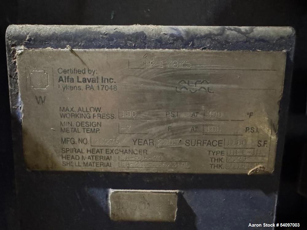 Alfa Laval Spiral Heat Exchanger, 316 L Stainless steel 1,000 sqft.