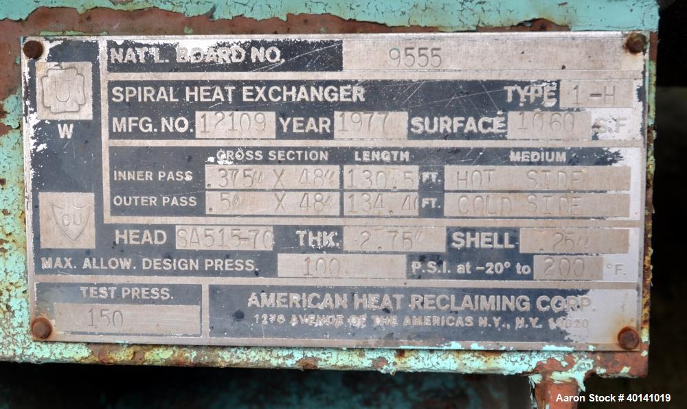 Used Stainless Steel American Heat Reclaiming Horizontal Spiral Heat Exchanger
