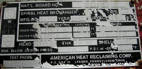 Used Stainless Steel American Heat Reclaiming Horizontal Spiral Heat Exchanger, Type 1H