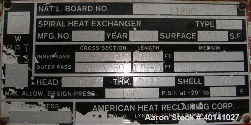 Used American Heat Reclaiming Horizontal Spiral Heat Exchanger, Type 1H