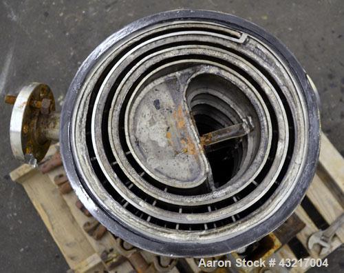 Used American Heat Reclaiming Vertical Spiral Heat Exchanger, Type 1-V, 30 Square Feet. 304 Stainless steel. Hot and cold side rated 75 psi at -20 to 1250 degrees F. Removable heads. Inner pass cross...