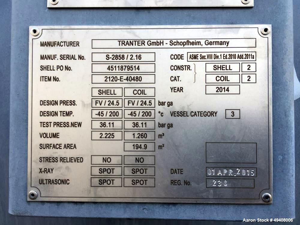 Unused- Tranter Spiral Heat Exchanger. Diameter 1800 mm. Length 2003mm. Max pressure FV/355 psi. Temperature -45/200 C. Actual surface area 2098 feet squared. Effective surface area 1980 feet squared...