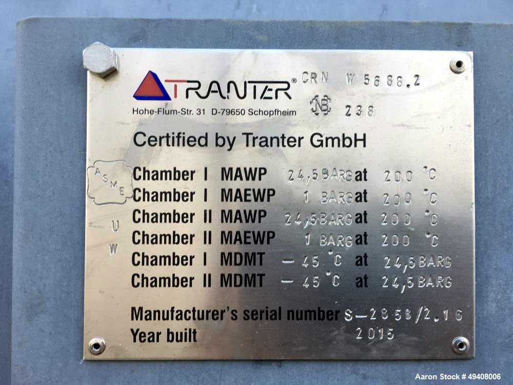 Unused- Tranter Spiral Heat Exchanger. Diameter 1800 mm. Length 2003mm. Max pressure FV/355 psi. Temperature -45/200 C. Actual surface area 2098 feet squared. Effective surface area 1980 feet squared...