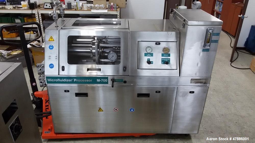 Used Microfluidics M-7250 Microfluidizer Production Scale Processor. Unused Diamond interaction chamber, wear-resistant construction, geometrically fixed design ensures that entire product stream wil...