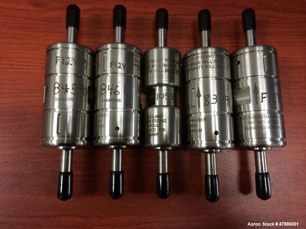 Used Microfluidics M-7250 Microfluidizer Production Scale Processor. Unused Diamond interaction chamber, wear-resistant construction, geometrically fixed design ensures that entire product stream wil...