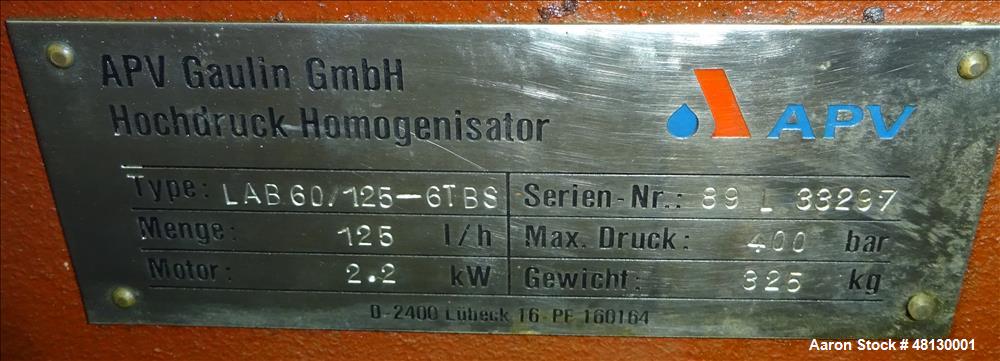 Used -APV Gaulin GMBH Homoginizer, Type LAB60/125-6TBS, 316 Stainless Steel.