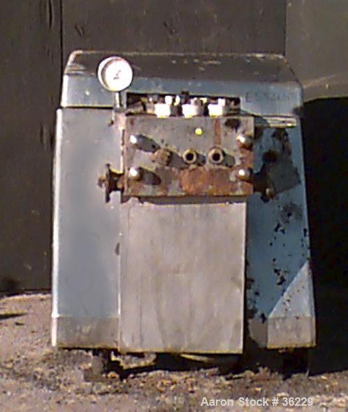 USED:Gaulin homogenizer, model 1000MF18B25PS, stainless steel.Capacity 1000 gallons per hour. 2 stage homogenizing valve assembly,manually operated. Poppet style suction and discharge valves. Require...