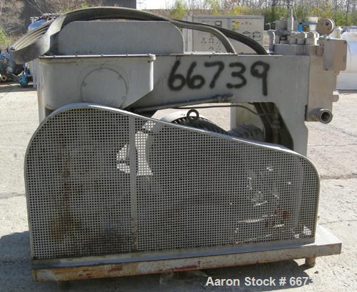 Used APV Gaulin Homogenizer, Type MC45-3TBS. Stainless steel construction on product contact parts. Working capacity 3307 gallon/hour (12,500 liter/hr). Working pressure 3075 psi (205 bar). Ball valv...