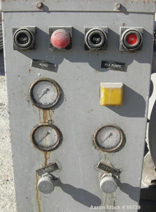 Used APV Gaulin Homogenizer, Type MC45-3TBS. Stainless steel construction on product contact parts. Working capacity 3307 gallon/hour (12,500 liter/hr). Working pressure 3075 psi (205 bar). Ball valv...