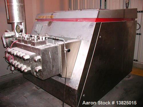 Used APV Gaulin homogenizer, model G90-5B. 2,000 gph, 5,000 psi, stainless steel, mfg 1999. Single stage homogenizing valve assembly, pneumatically actuate, valve and seat made of cobalt based wear r...