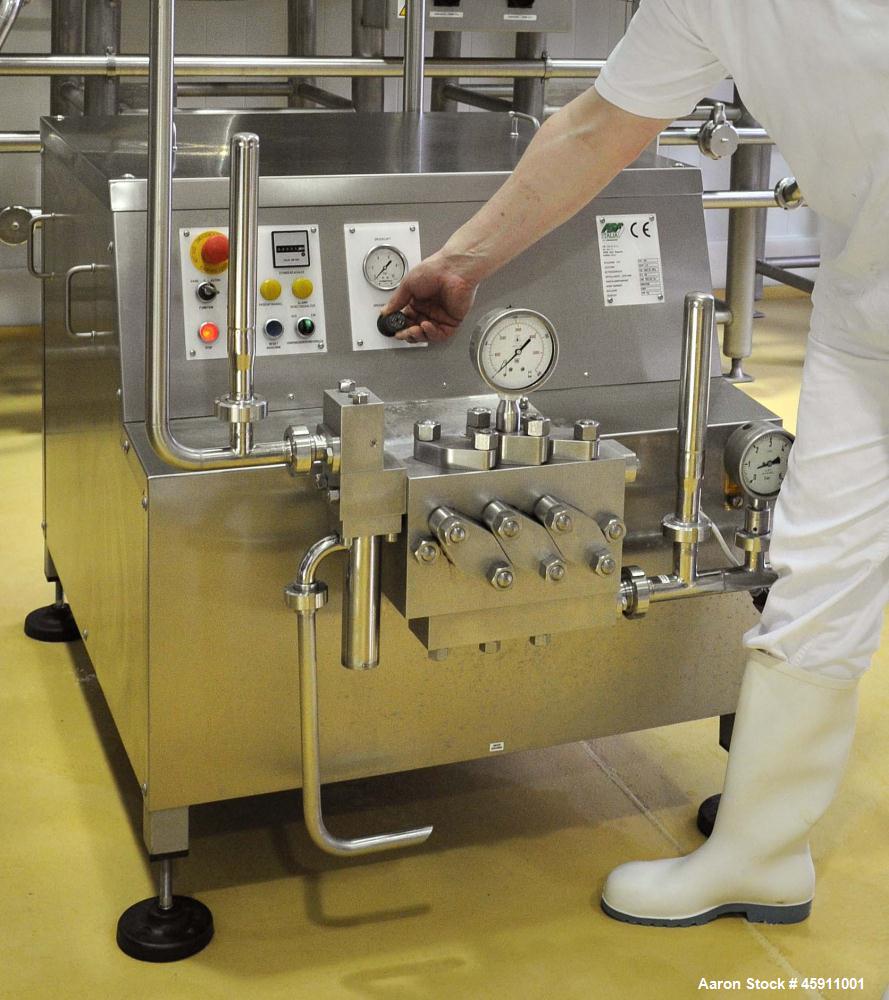 Used FBF Italy SRL  Homogenizer, Type FBF 010. Stainless steel construction on product contact parts. Working capacity 529 gallons (2000 liters) per hour, 1950 psi (130 bar) maximum pressure. Single ...