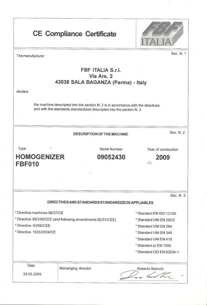Used FBF Italy SRL  Homogenizer, Type FBF 010. Stainless steel construction on product contact parts. Working capacity 529 gallons (2000 liters) per hour, 1950 psi (130 bar) maximum pressure. Single ...