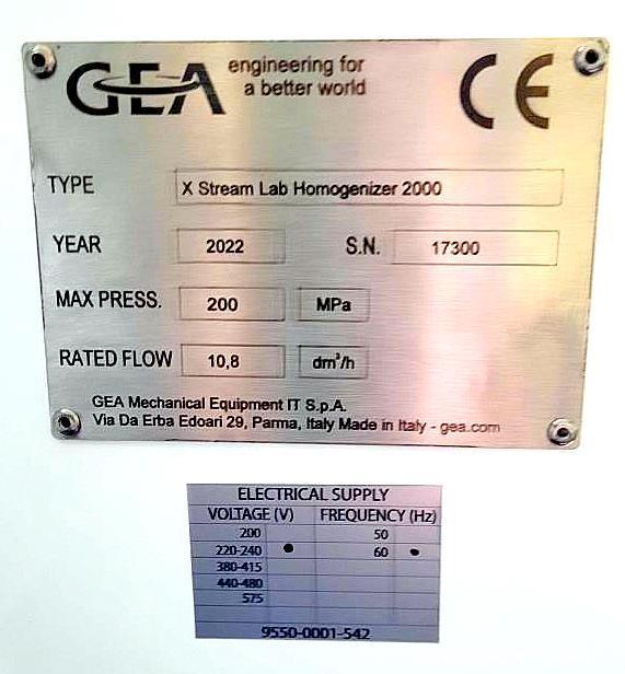 Used GEA XStream Lab Homogenizer 2000 – 200 MPa, 9 L/H, NiSoX-Valve, 2022