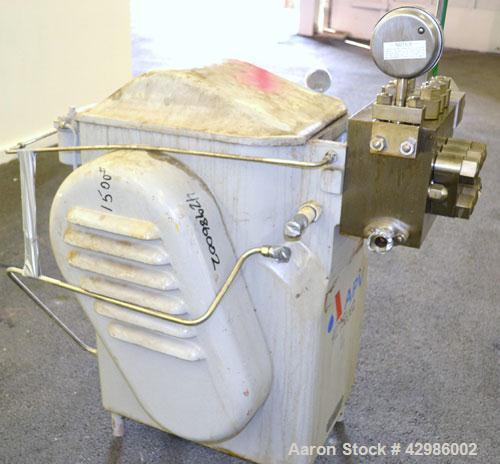 Used APV Gaulin Homogenizer, Model 150-75 MP3-5TBS, 15-5 PH Stainless Steel. Capacity 150 gallons per hour, 3000 psi maximum. Single stage homogenizing valve assembly. Tapered field removable valve s...