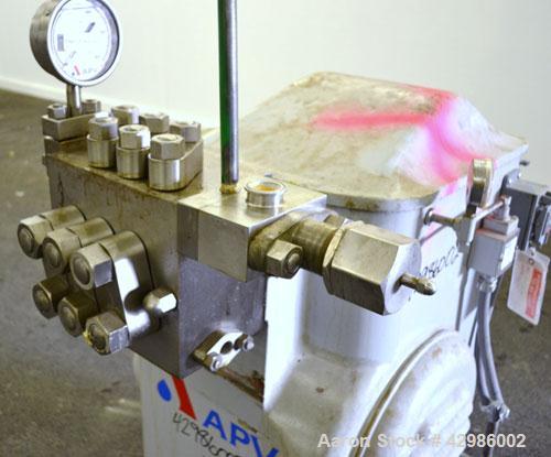Used APV Gaulin Homogenizer, Model 150-75 MP3-5TBS, 15-5 PH Stainless Steel. Capacity 150 gallons per hour, 3000 psi maximum. Single stage homogenizing valve assembly. Tapered field removable valve s...