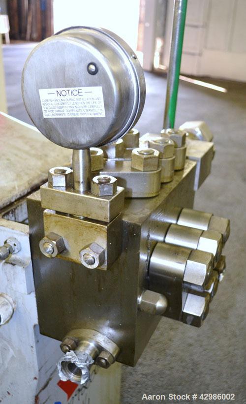 Used APV Gaulin Homogenizer, Model 150-75 MP3-5TBS, 15-5 PH Stainless Steel. Capacity 150 gallons per hour, 3000 psi maximum. Single stage homogenizing valve assembly. Tapered field removable valve s...