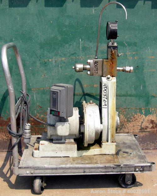 Used Gaulin Homogenizer, Model 31M3TA, 316 Stainless Steel. Approximately 31 gallons per hour, single stage valve, 3000 psi. Driven by a 3 hp, 3/60/230/460 volt, 1760 rpm motor. Mounted on a cart wit...