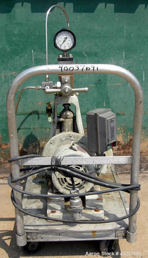 Used Gaulin Homogenizer, Model 31M3TA, 316 Stainless Steel. Approximately 31 gallons per hour, single stage valve, 3000 psi. Driven by a 3 hp, 3/60/230/460 volt, 1760 rpm motor. Mounted on a cart wit...