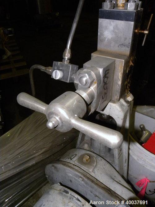 Used Gaulin Homogenizer, Model 31M3TA, 316 Stainless Steel. Approximately 31 gallons per hour, single stage valve, 3000 psi. Driven by a 3 hp, 3/60/230/460 volt, 1760 rpm motor. Mounted on a cart wit...
