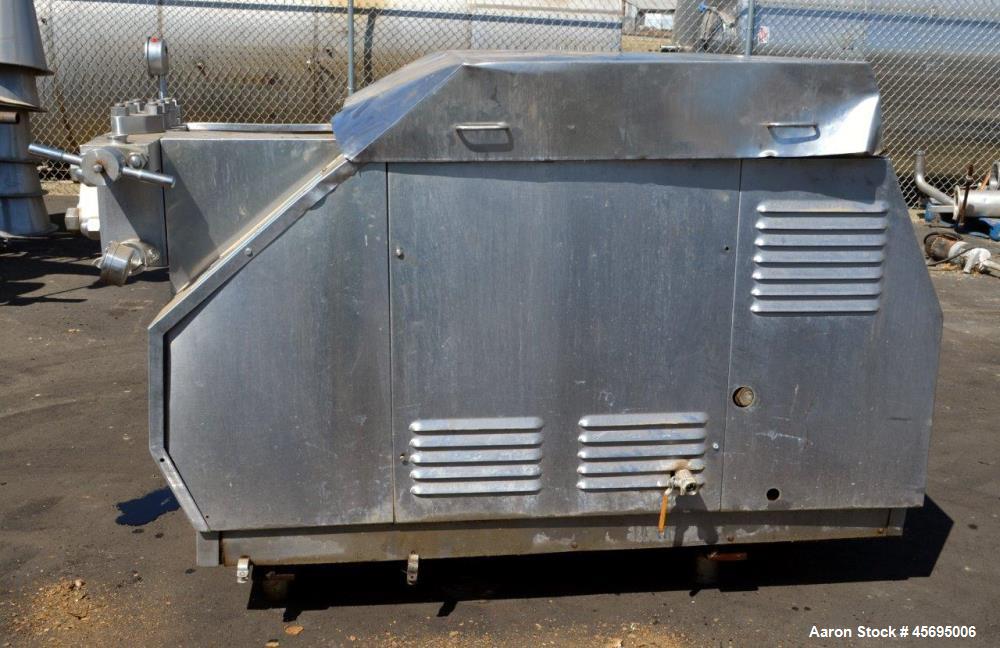 Used Gaulin Homogenizer, 304 Stainless Steel. Single stage valve assembly, 3 pistons. Driven by an approximate 50 hp motor (no tag). Head stamped with #s HT308029 & PT927857 OR. No manufactures tag w...